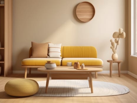 Yellow Japanese style living room with wooden decoration. Generative AI.