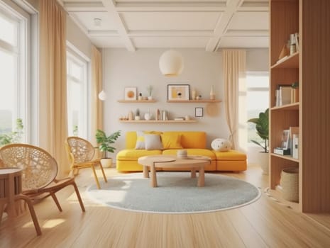 Yellow Japanese style living room with wooden decoration. Generative AI.