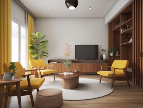 Yellow Japanese style living room with wooden decoration. Generative AI.