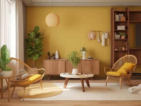 Yellow Japanese style living room with wooden decoration. Generative AI.