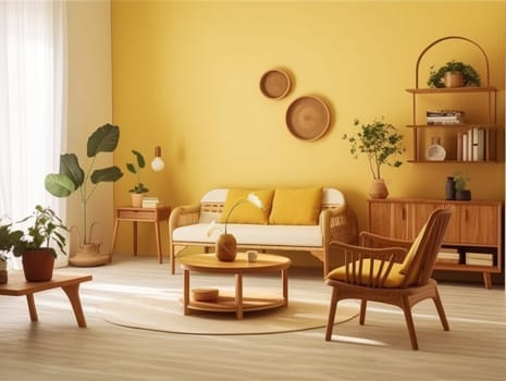 Yellow Japanese style living room with wooden decoration. Generative AI.