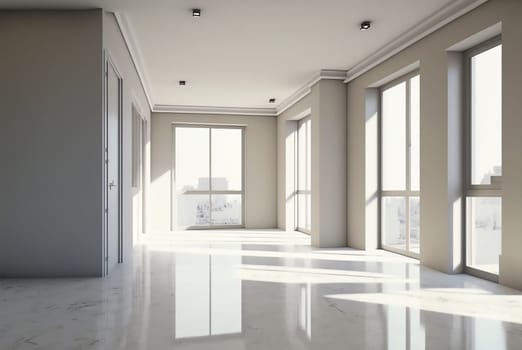 Modern interior of an empty white living room with large windows, large windows overlook the city, sunlight penetrates into the room. Ai generative