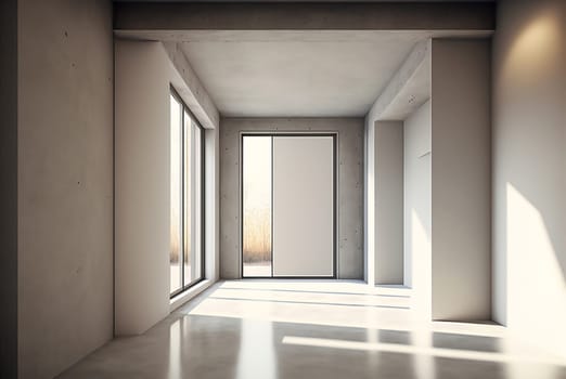 interior of an empty beige room with large windows, the floor, walls and ceiling are made of polished concrete, sunlight penetrates into the room. Ai generative