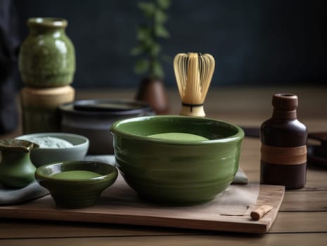 Organic matcha green tea ceremony on table. Generative AI.