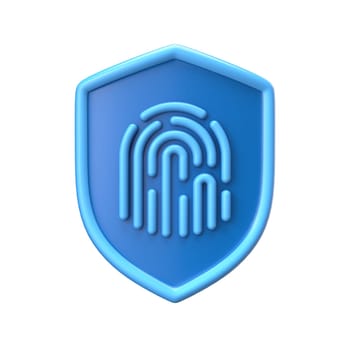 Blue shield with fingerprint 3D rendering illustration isolated on white background