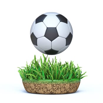 Football Soccer ball on grass island 3D rendering illustration isolated on white background