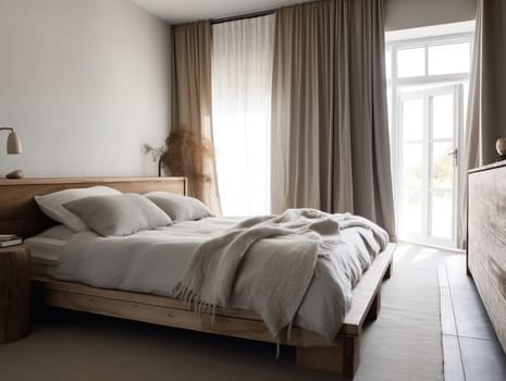 Bright beige wooden bedroom, minimal modern style. Generative AI.