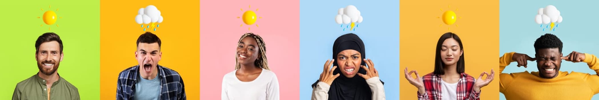 Emotional Outburst. Men And Women With Different Mood Posing Over Colorful Backgrounds With Weather Emojis Above Head, Diverse People Expressing Positive And Negative Emotions, Collage