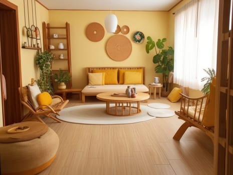 Yellow Japanese style living room with wooden decoration. Generative AI.