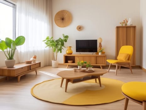 Yellow Japanese style living room with wooden decoration. Generative AI.