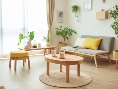 Yellow Japanese style living room with wooden decoration. Generative AI.