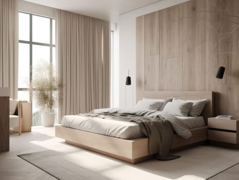 Bright beige wooden bedroom, minimal modern style. Generative AI.