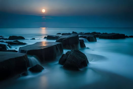 Moonlight in ocean landscape. The ocean stretches out as far as the eye can see, its surface a canvas of deep, midnight blue. AI generated image