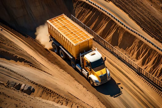 Top view of on the truck and bulldozer working in the stone mine. Excavator loader machine during earthmoving works outdoors. High quality photo