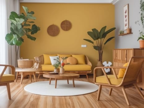 Yellow Japanese style living room with wooden decoration. Generative AI.