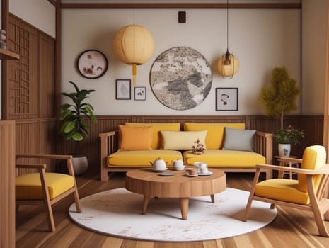 Yellow Japanese style living room with wooden decoration. Generative AI.