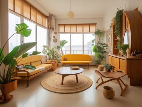 Yellow Japanese style living room with wooden decoration. Generative AI.