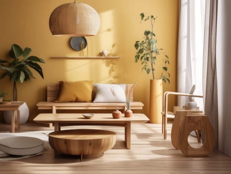 Yellow Japanese style living room with wooden decoration. Generative AI.