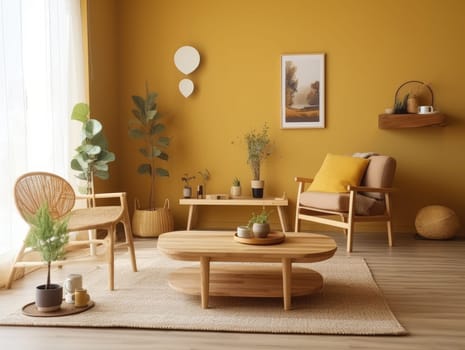 Yellow Japanese style living room with wooden decoration. Generative AI.