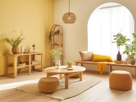 Yellow Japanese style living room with wooden decoration. Generative AI.