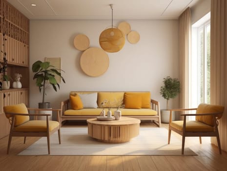 Yellow Japanese style living room with wooden decoration. Generative AI.