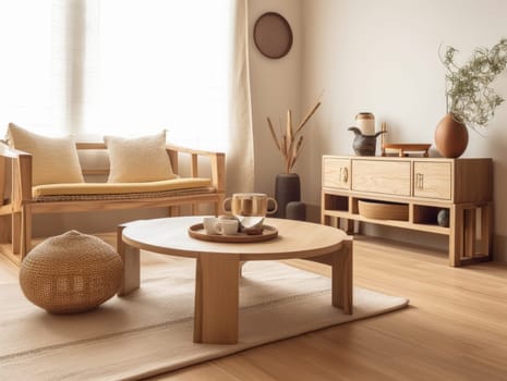 Yellow Japanese style living room with wooden decoration. Generative AI.