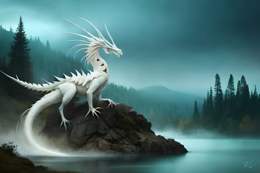 A painting of a friendly dinosaur with a mountain in the background. Fantasy friendly dragon portrait. Surreal artwork of dragon from medieval mythology.