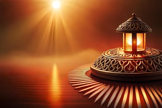 3D rendering indian lamp for diwali celebration on soft background ethereal. Colorful particle effects in the background. Gold filigree on a indian lamp. AI-generated Digital Art