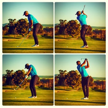 Working on his swing. Composite shot of a young man playing golf