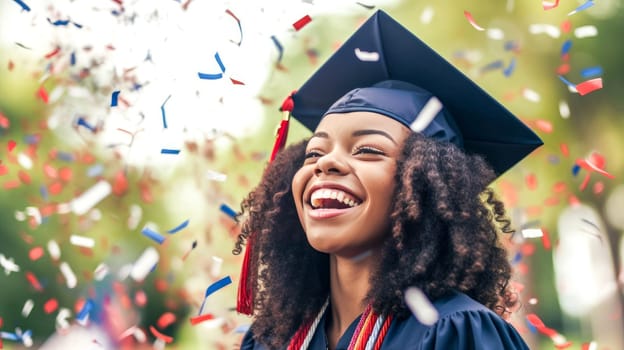Happy African American female graduating student celebrating Graduation. School graduation. Generative ai