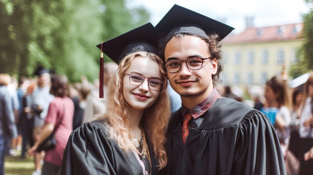 Happy caucasian Graduating Students Celebrating Graduation. Generative ai