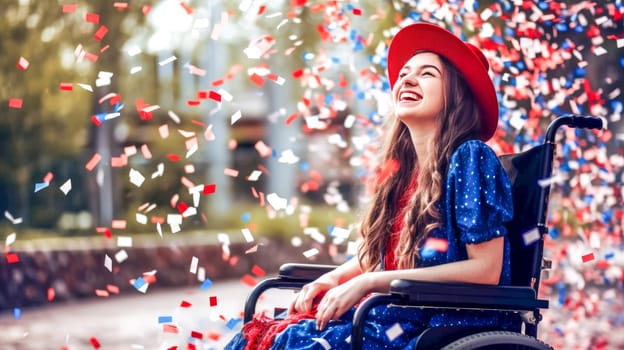 Happy caucasian female graduating student on wheelchair celebrating Graduation. Disabled handicapped teenager. School graduation. Generative ai