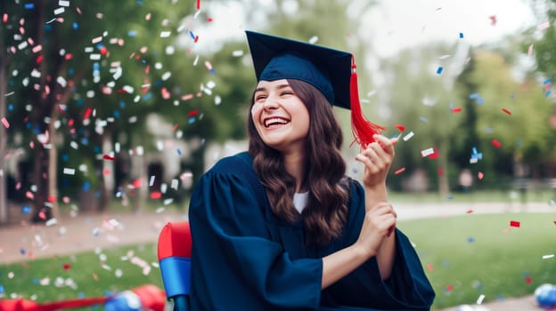 Happy caucasian female graduating student on wheelchair celebrating Graduation. Disabled handicapped teenager. School graduation. Generative ai