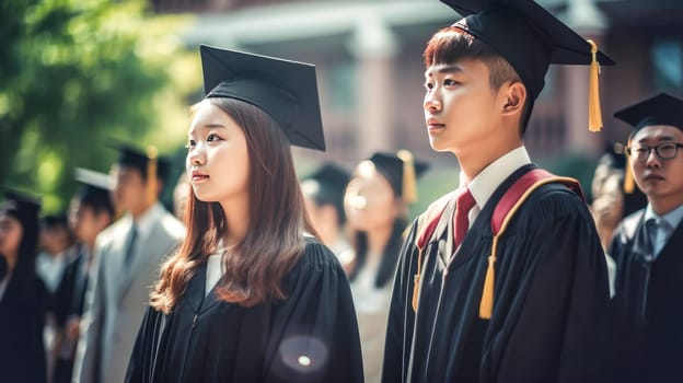 Happy Asian Graduating Students Celebrating Graduation. Generative ai