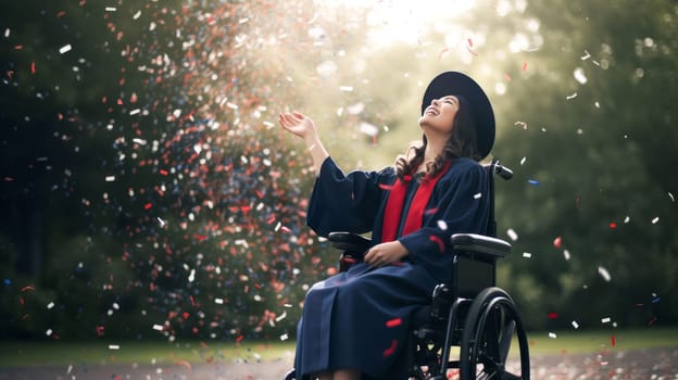 Happy caucasian female graduating student on wheelchair celebrating Graduation. Disabled handicapped teenager. School graduation. Generative ai