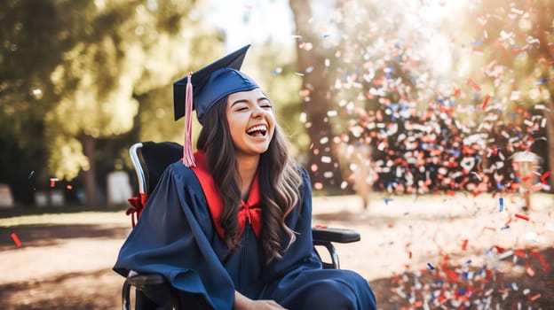 Happy caucasian female graduating student on wheelchair celebrating Graduation. Disabled handicapped teenager. School graduation. Generative ai