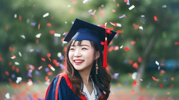 Happy Asian female Graduating Student celebrating Graduation. Generative ai.