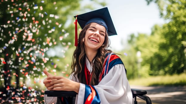 Happy caucasian female graduating student on wheelchair celebrating Graduation. Disabled handicapped teenager. School graduation. Generative ai