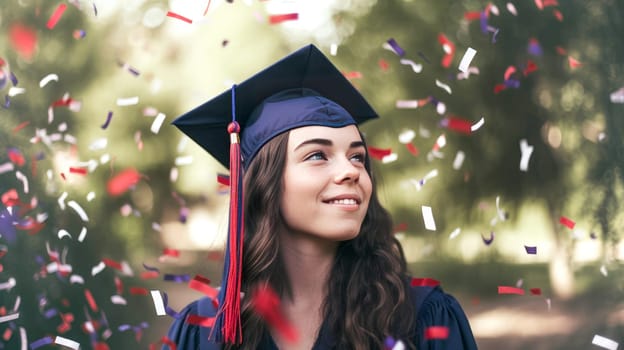 Happy Caucasian female graduating student celebrating Graduation. School graduation. Generative ai