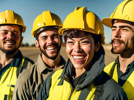 Team of construction workers wearing protective helmets and vests working on construction site. Generative Ai