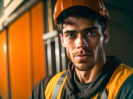 Portrait of construction worker with safety helmet on head in vest standing at construction site and looking at camera. Generative Ai