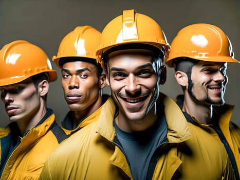 Team of construction workers wearing protective helmets and vests working on construction site. Generative Ai