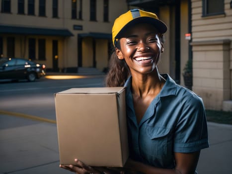Portrait of Happy African American delivery woman holding a box package outside. Delivery Concept. Generative Ai