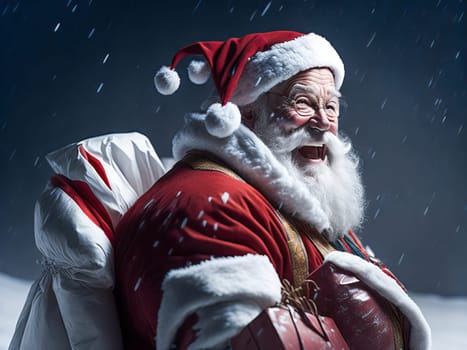 Happy Santa Claus outdoors in snowfall holding gifts for children. Generative Ai.