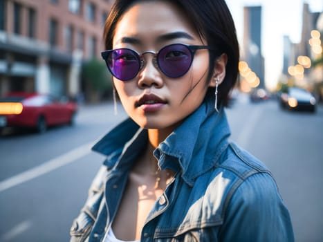Charming asian woman in blue sunglasses wearing stylish denim jacket looking at the camera standing on a blurred city background. Hipster girl. Generative Ai