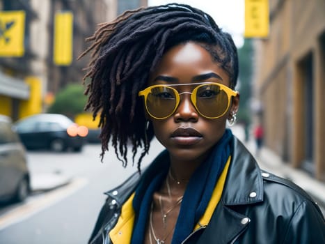 Charming black woman in yellow sunglasses wearing stylish leather jacket looking at the camera standing on a blurred city background. Hipster girl. Generative Ai
