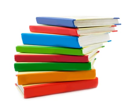 Stack of bright children's books on white background