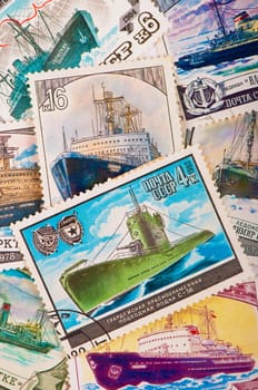 USSR - CIRCA 1984: A stamp printed in USSR Russia , shows the Soviet ships, ice breakers and submarines, in particular the Guards S-56 submarine decorated with the Order of the Red Banner