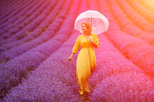 Woman lavender field. A middle-aged woman in a lavender field walks under an umbrella on a rainy day and enjoys aromatherapy. Aromatherapy concept, lavender oil, photo session in lavender.