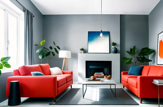 Modern living room interior with sunlight through large panoramic windows. Generative AI